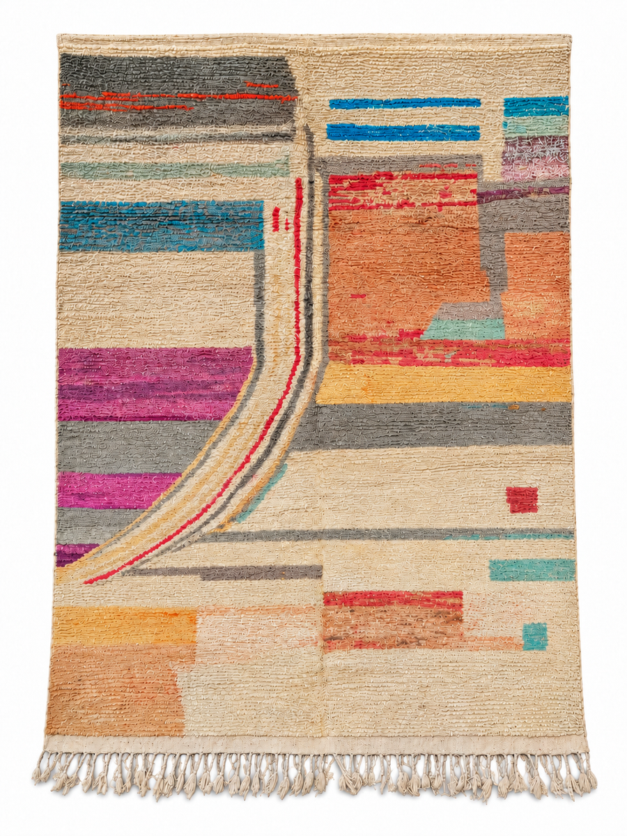 Vintage Moroccan Rug with Colorful Stripes and Open Lines, 340 × 250 cm.