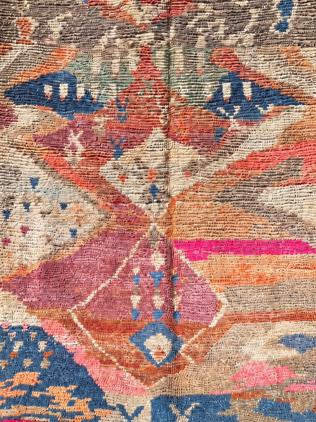 Detail of Red and Blue Vintage Moroccan Rug with Geometric Motifs, 262 × 150 cm.