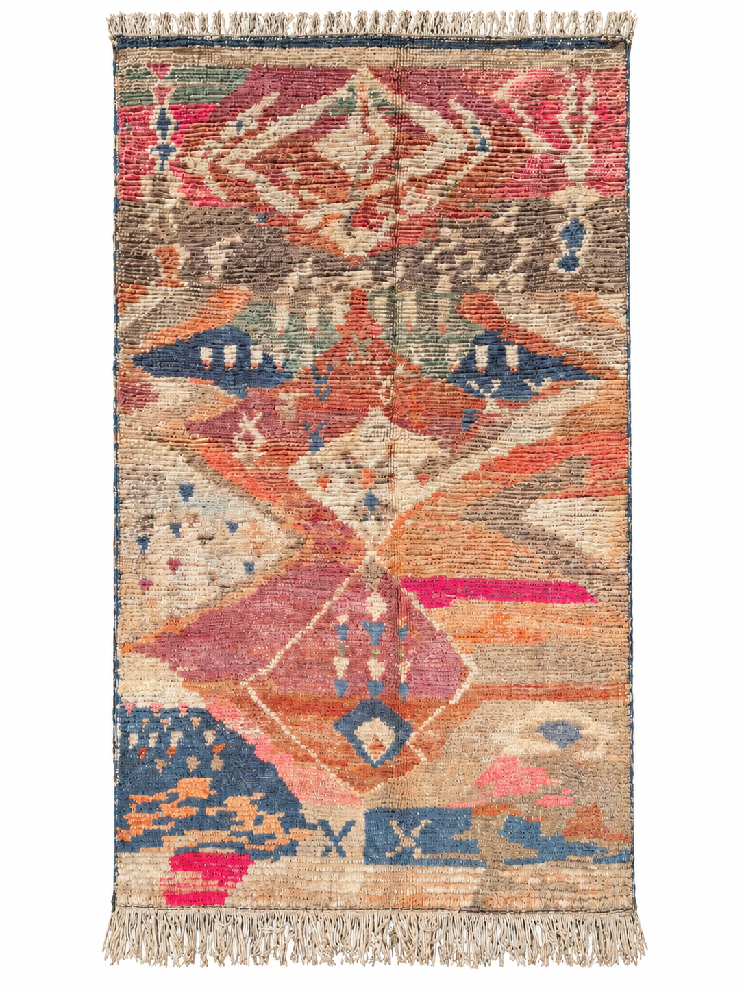 Red and Blue Vintage Moroccan Rug with Geometric Motifs, 262 × 150 cm.