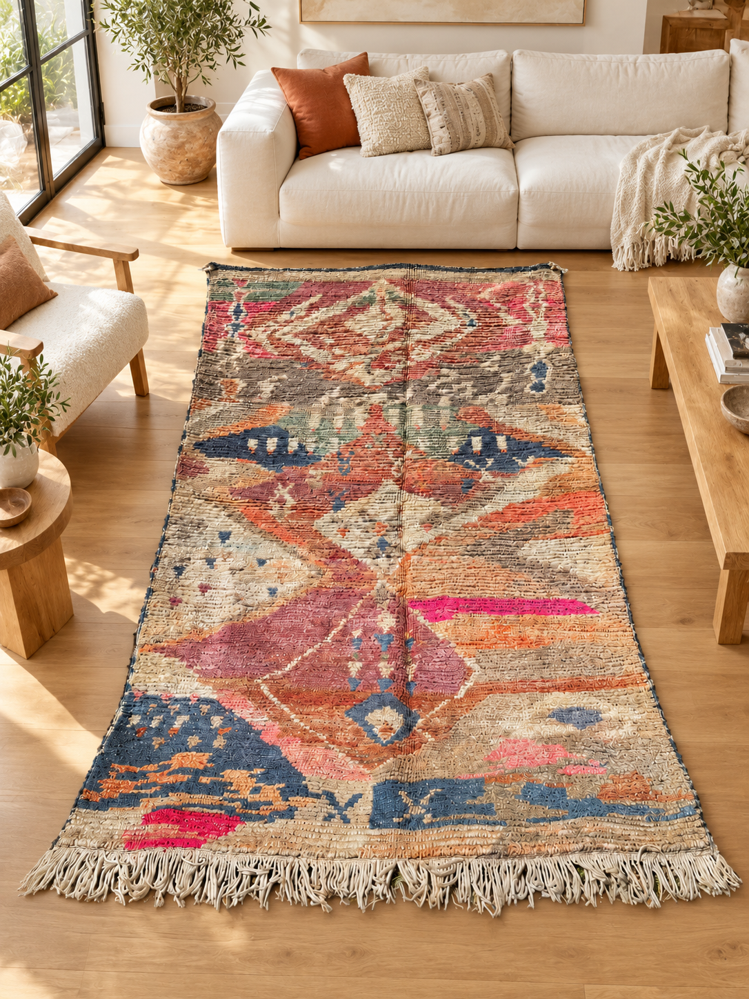 AI-generated room inspiration: Red and Blue Vintage Moroccan Rug with Geometric Motifs, 262 × 150 cm.