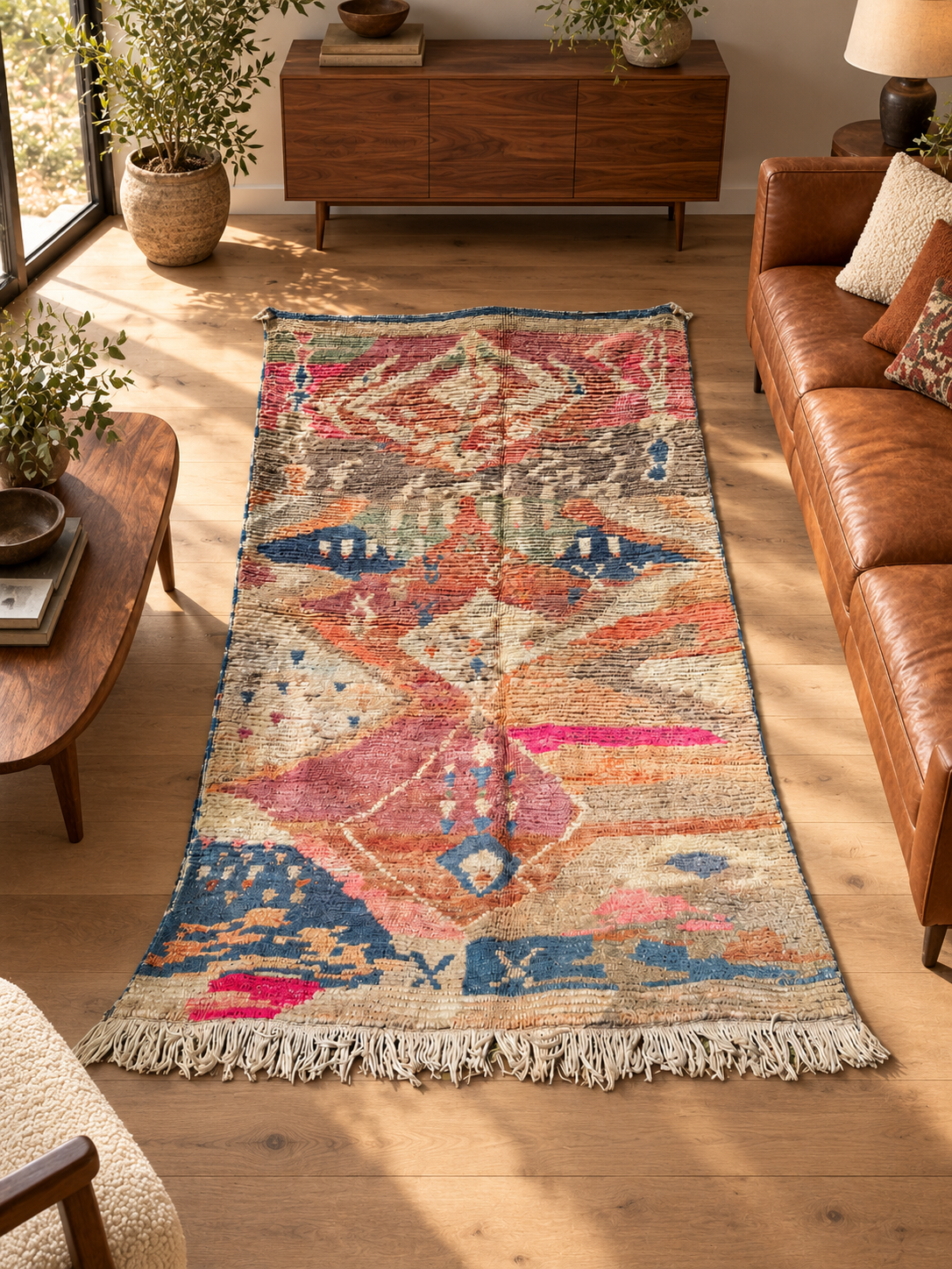 AI-generated room inspiration: Red and Blue Vintage Moroccan Rug with Geometric Motifs, 262 × 150 cm.