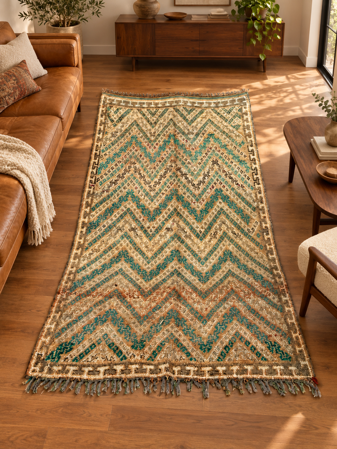 AI-generated room inspiration: Vintage Moroccan Rug with Green Zigzags, 320 × 170 cm.