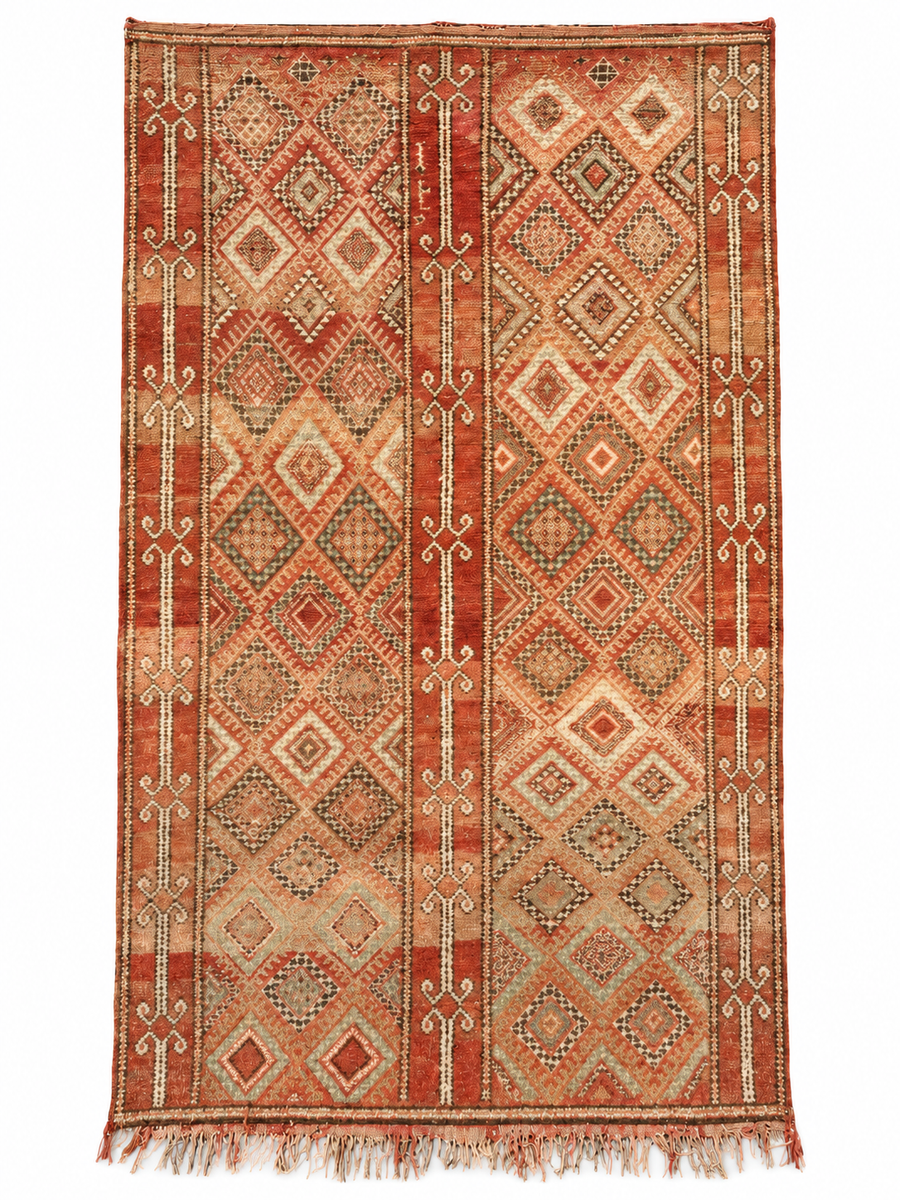 Vintage Moroccan Rug with Red Stripes and Light Diamonds, 310 × 180 cm.