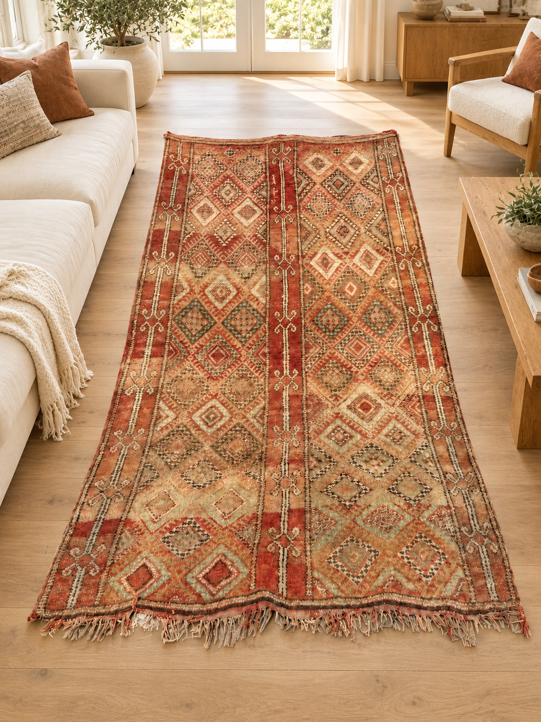 AI-generated room inspiration: Vintage Moroccan Rug with Red Stripes and Light Diamonds, 310 × 180 cm.