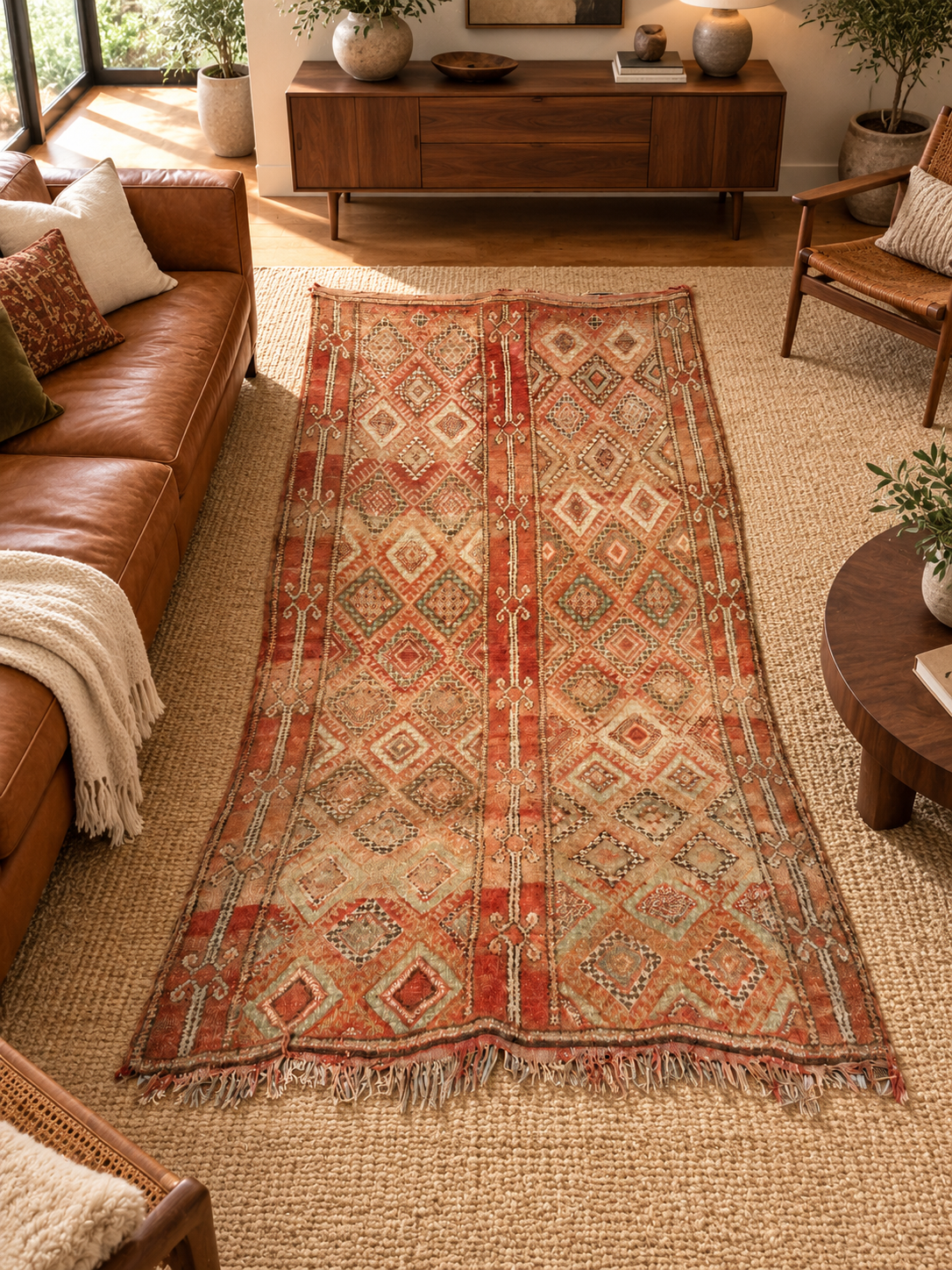 AI-generated room inspiration: Vintage Moroccan Rug with Red Stripes and Light Diamonds, 310 × 180 cm.