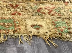 Fringe and edge detail of Olive Vintage Moroccan Rug with Geometric Panels, 310 × 218 cm.
