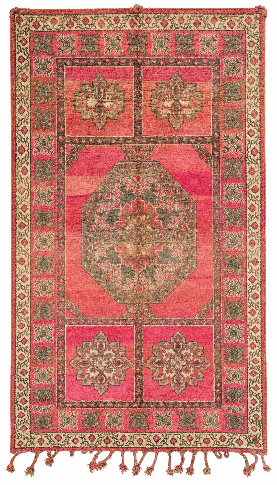 AI-assisted cutout of Pink and Green Vintage Moroccan Rug with Ornamental Panels, 368 × 210 cm.