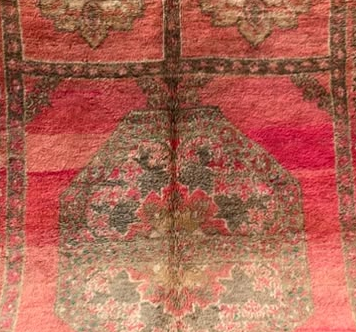 Pattern detail from the original photograph of Pink and Green Vintage Moroccan Rug with Ornamental Panels, 368 × 210 cm.
