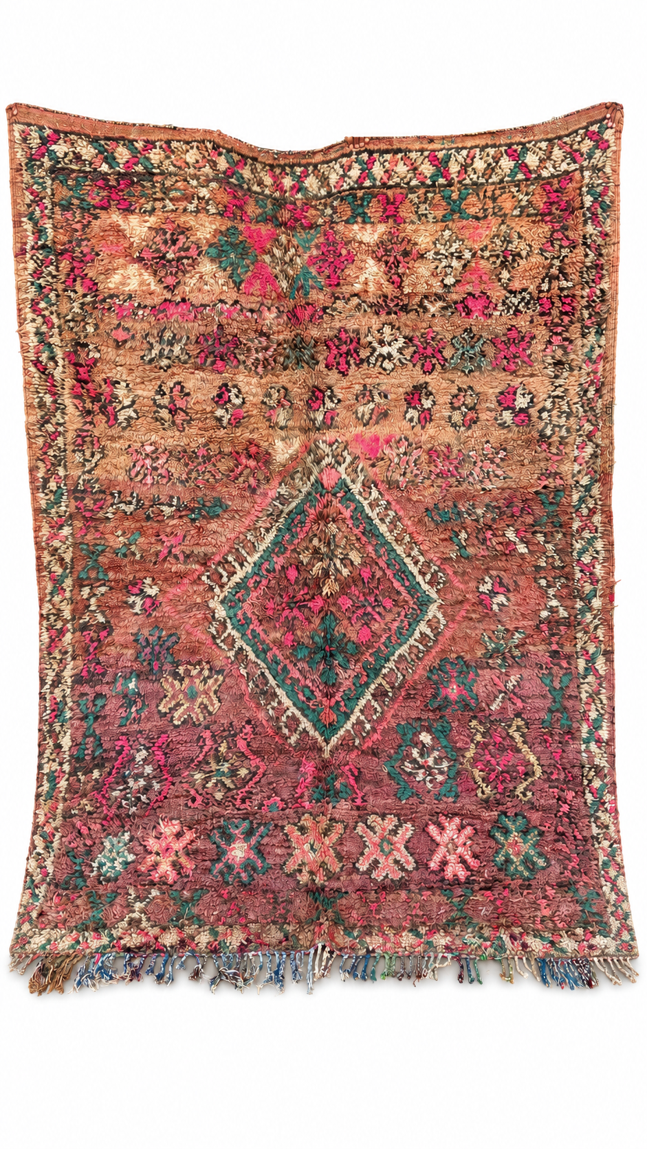 Pink Vintage Moroccan Rug with Green Center Diamond, 260 × 185 cm.