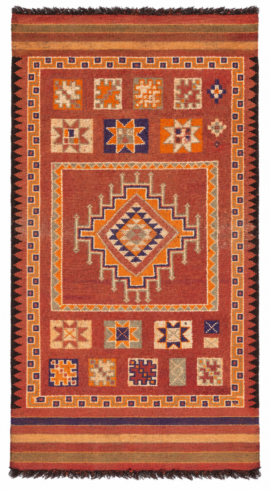 AI-assisted cutout of Rust Red Vintage Moroccan Rug with Stepped Medallion, 294 × 162 cm.