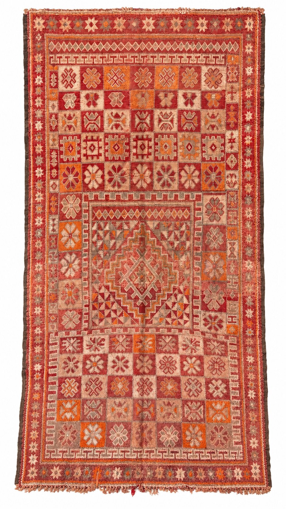 Red and Beige Vintage Moroccan Rug with Geometric Panels, 360 × 190 cm.