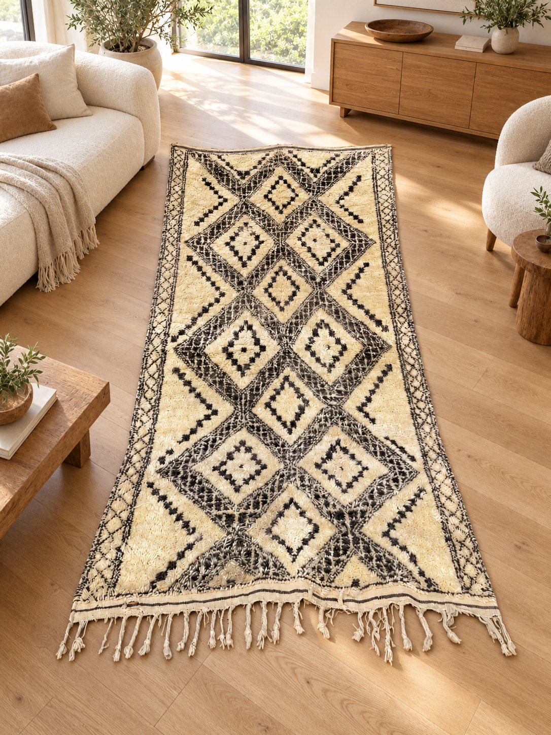 AI-generated room inspiration: Black and Cream Vintage Moroccan Rug with Diamonds, 330 × 160 cm.