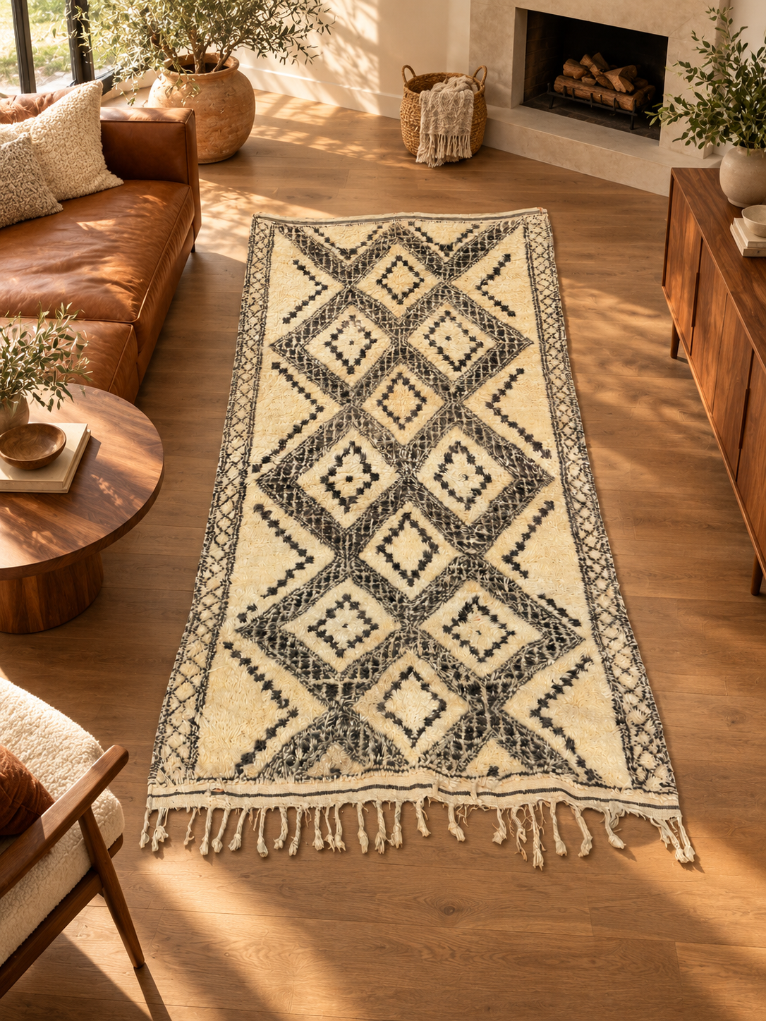 AI-generated room inspiration: Black and Cream Vintage Moroccan Rug with Diamonds, 330 × 160 cm.