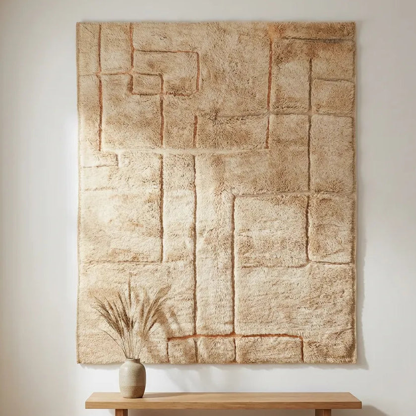 Mrirt wool rug, fine geometric relief lines in a sand-colored wool pile in a living room setting