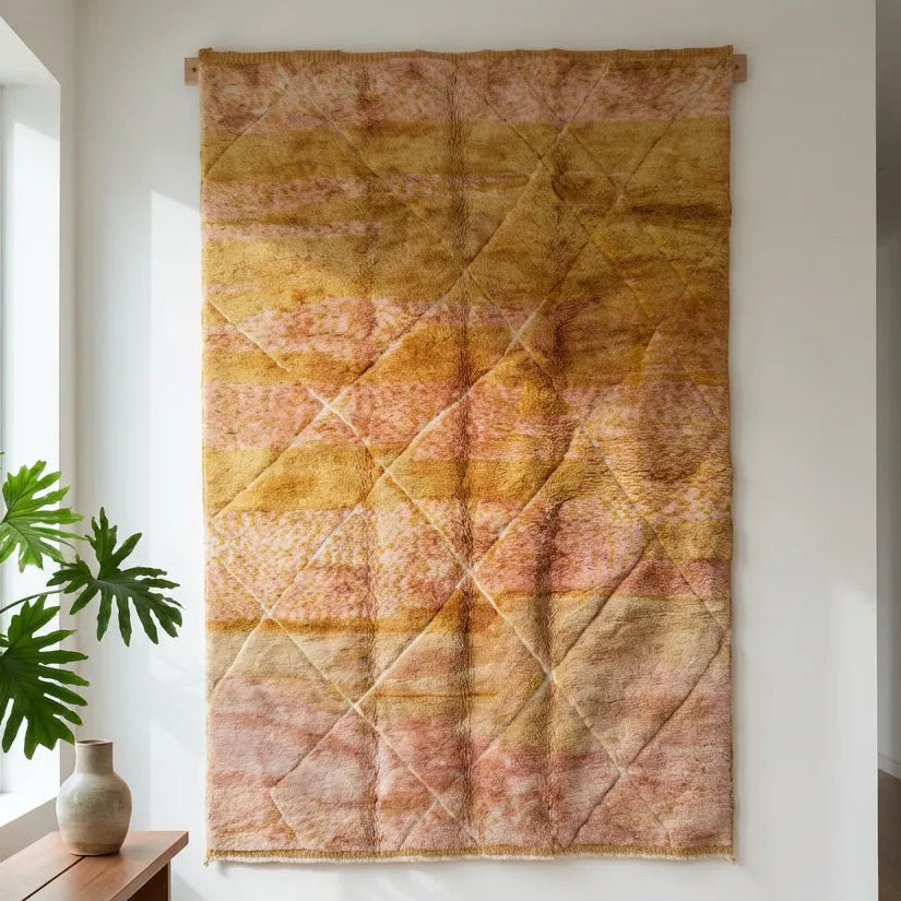 Moroccan wool rug, beige and yellow wool in a living room setting