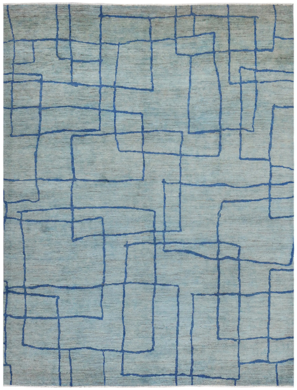 Light Blue Afghan Rug with Graphic Lines, 322 × 245 cm, overall view.