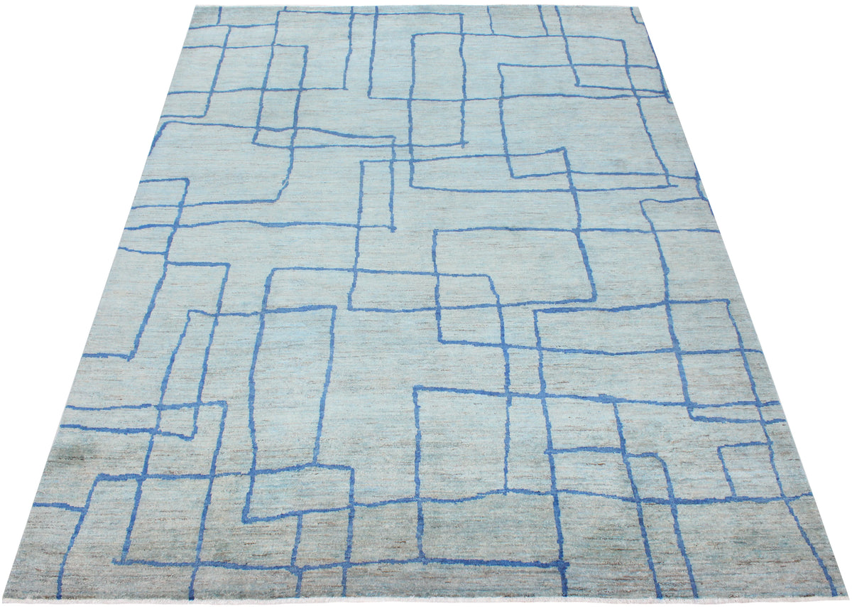 Light Blue Afghan Rug with Graphic Lines, 322 × 245 cm, view 2.