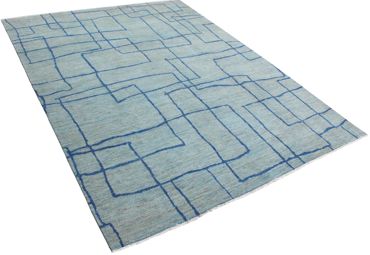 Light Blue Afghan Rug with Graphic Lines, 322 × 245 cm, view 3.