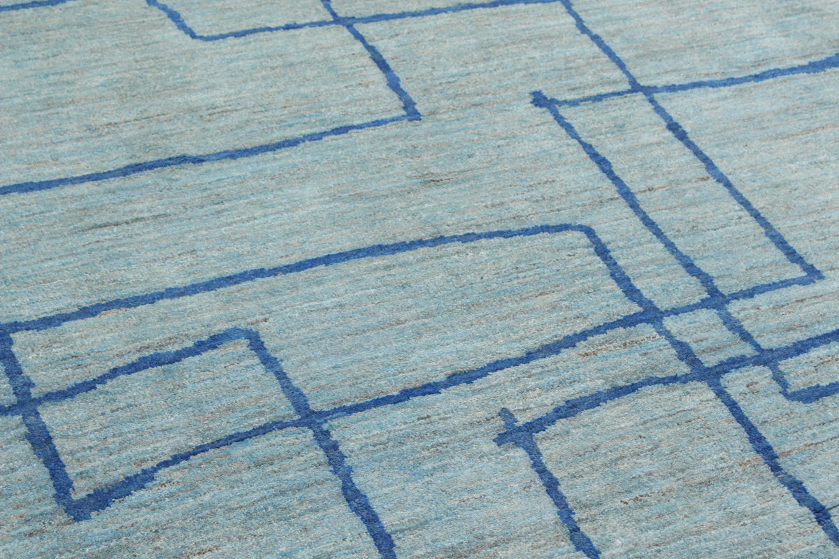 Light Blue Afghan Rug with Graphic Lines, 322 × 245 cm, view 4.