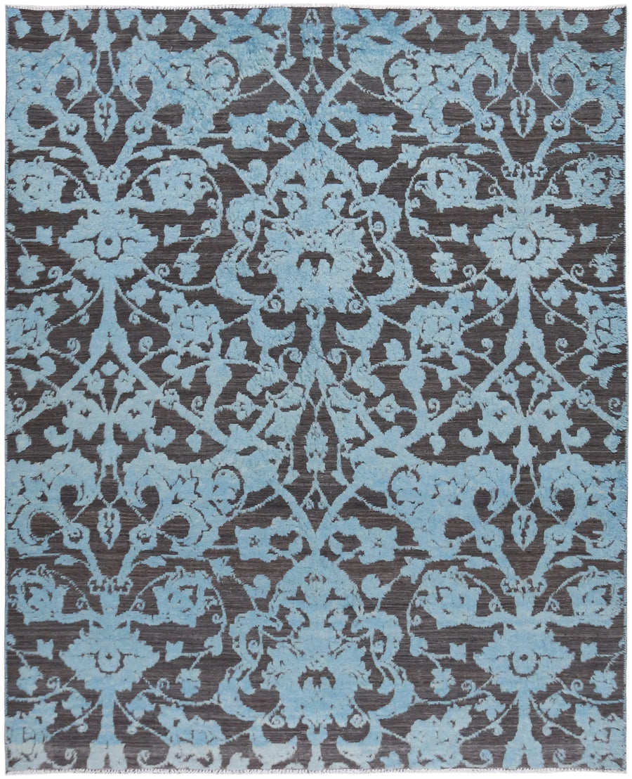 Light Blue & Charcoal Floral Afghan Rug, 310 × 257 cm, overall view.